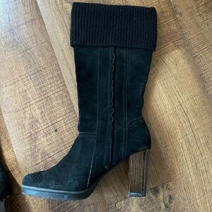 Kenneth Cole Reaction Black Suede Knee High Stacked Heeled boots Wood Heel